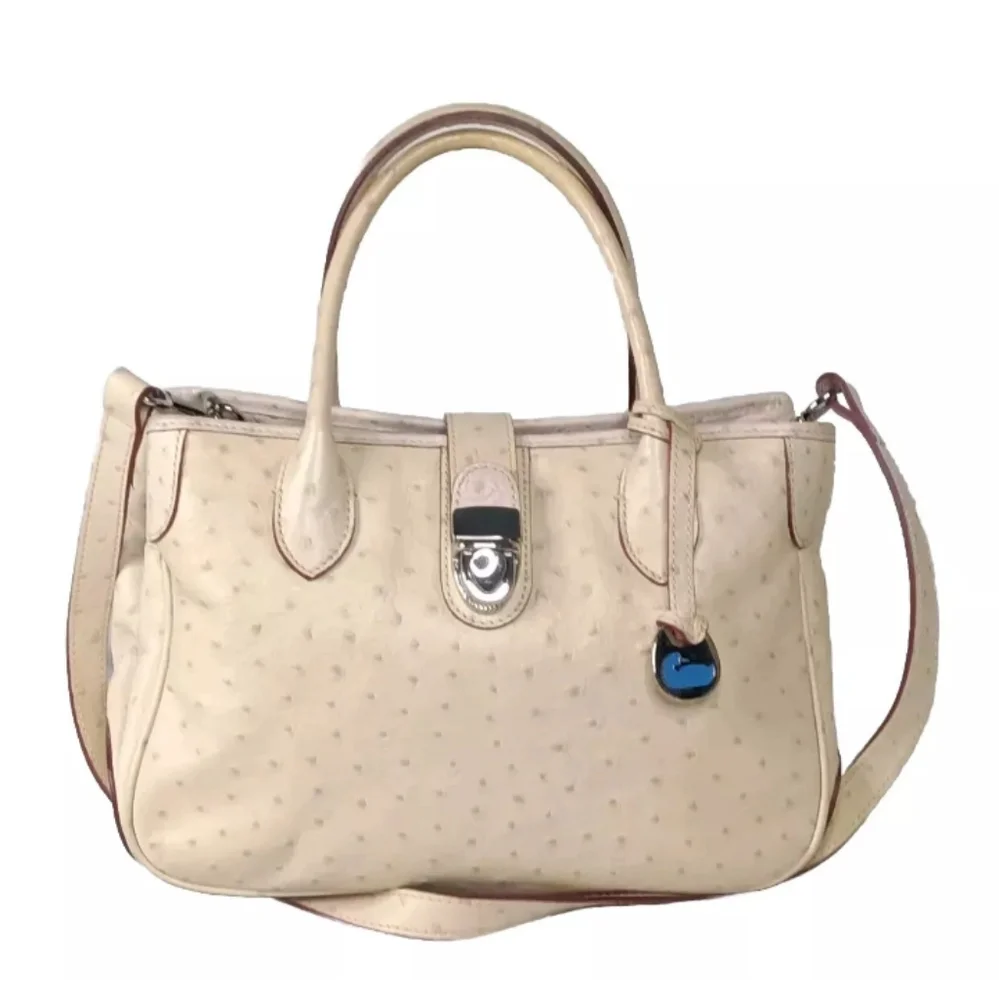 Dooney & Bourke Butter Yellow Ostrich-Embossed Satchel with lilac dots